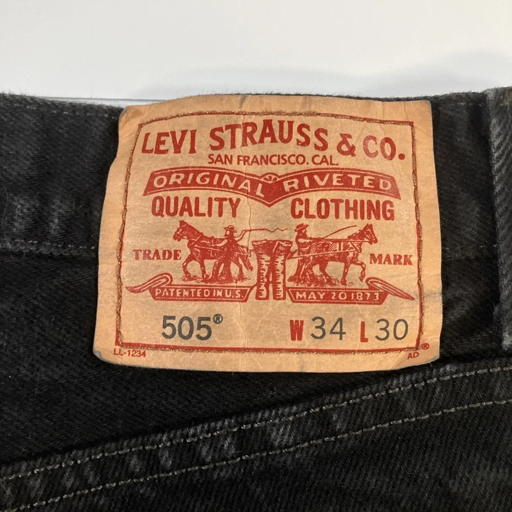 Levis 505 Jeans Mens 34x30 Black Straight Leg Zip Fly Stretch Denim